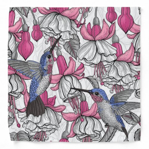 White fuchsia and hummingbirds bandana