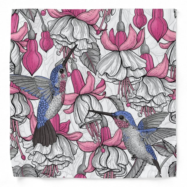 White fuchsia and hummingbirds bandana (Front)