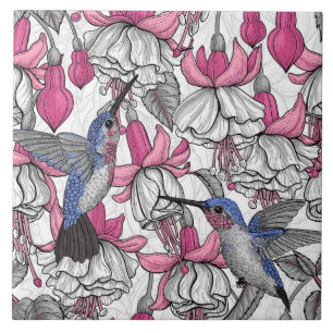 White fuchsia and hummingbirds ceramic tile