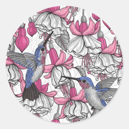 White fuchsia and hummingbirds classic round sticker