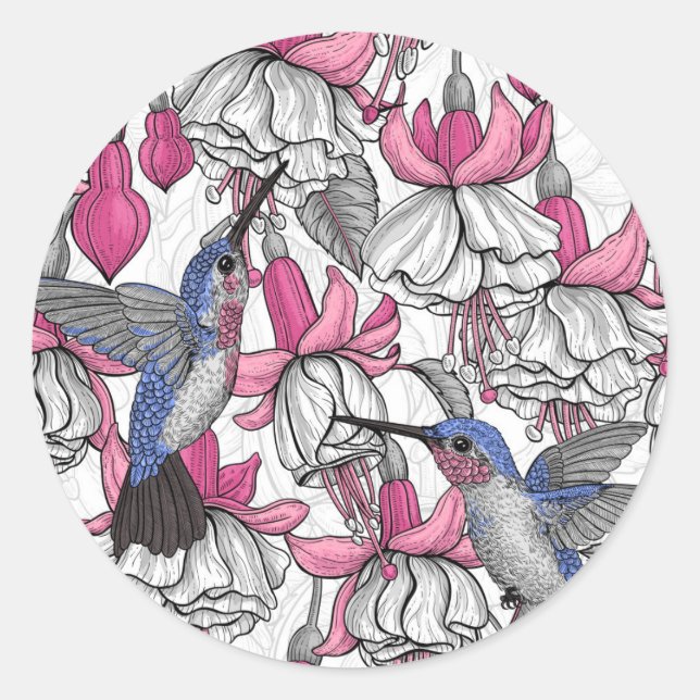 White fuchsia and hummingbirds classic round sticker (Front)