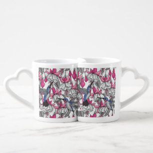 White fuchsia and hummingbirds coffee mug set