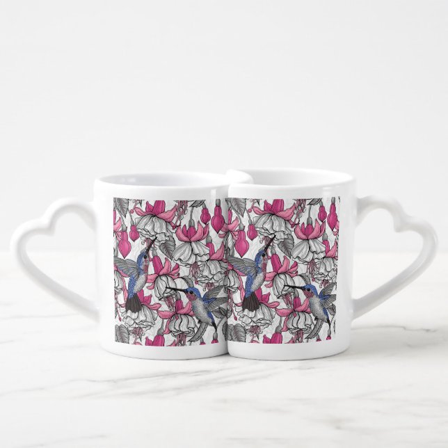 White fuchsia and hummingbirds coffee mug set (Front Nesting)