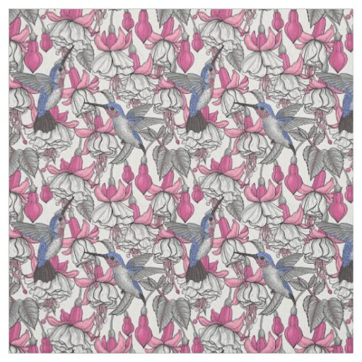 White fuchsia and hummingbirds fabric