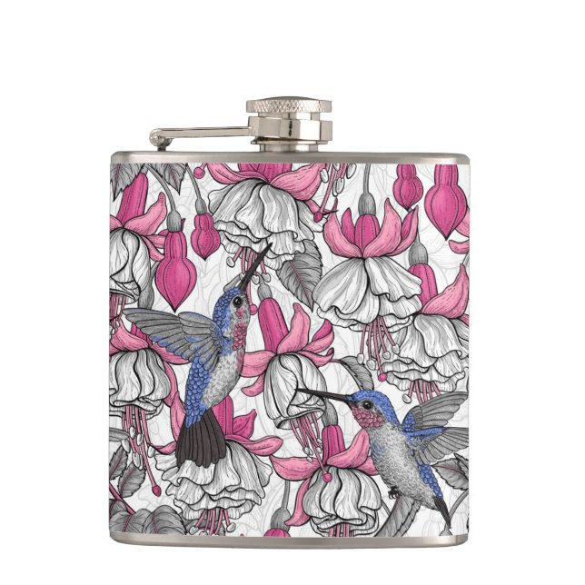White fuchsia and hummingbirds flask (Front)