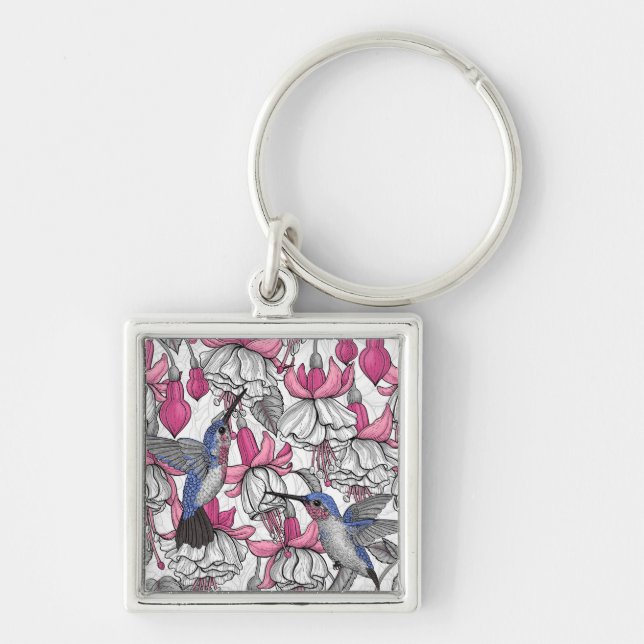 White fuchsia and hummingbirds keychain (Front)