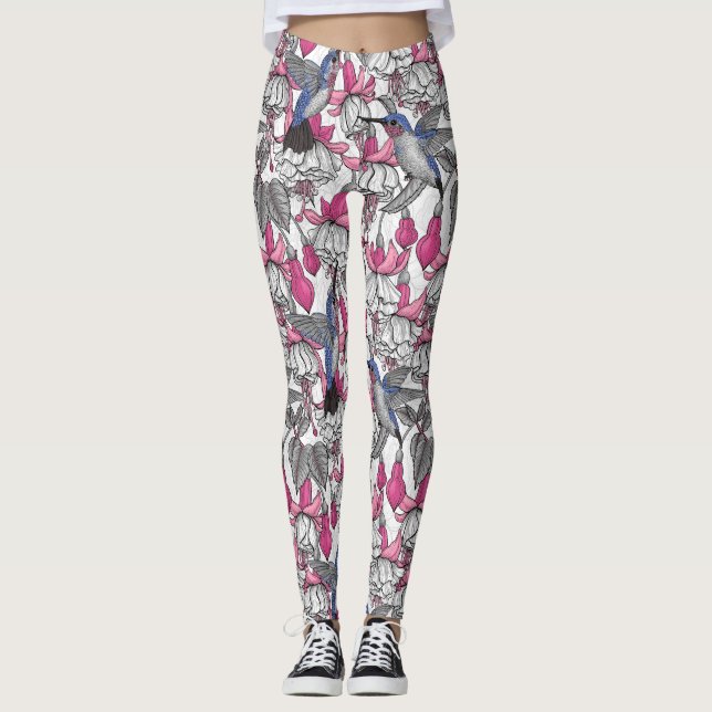 White fuchsia and hummingbirds leggings (Front)