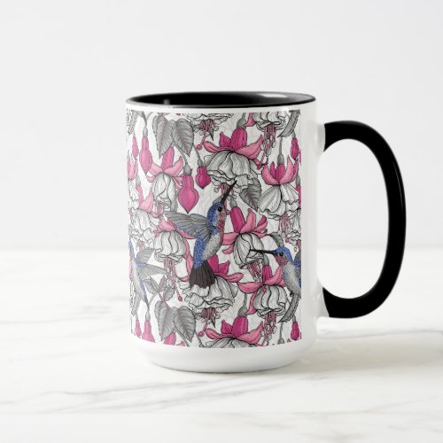 White fuchsia and hummingbirds mug