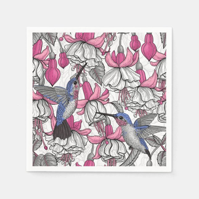 White fuchsia and hummingbirds napkins (Front)