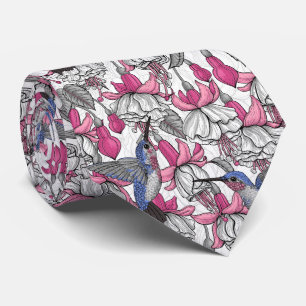 White fuchsia and hummingbirds neck tie
