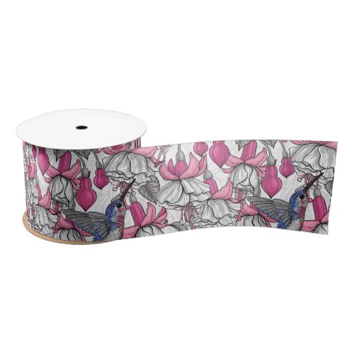 White fuchsia and hummingbirds satin ribbon