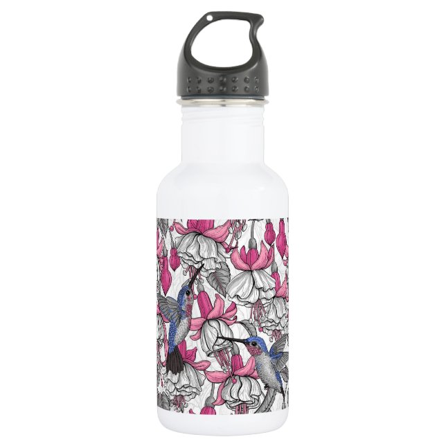 White fuchsia and hummingbirds stainless steel water bottle (Front)