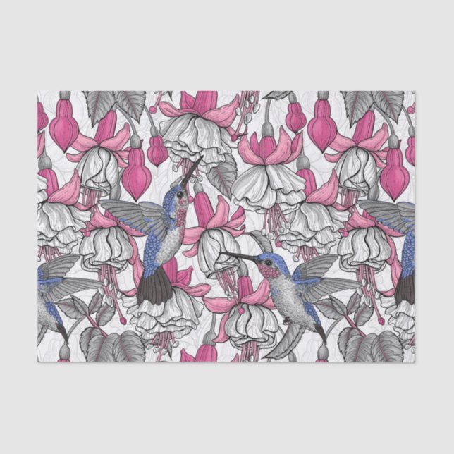 White fuchsia and hummingbirds tissue paper (Front)