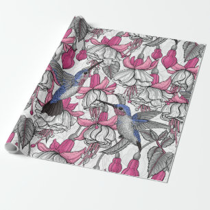 White fuchsia and hummingbirds wrapping paper