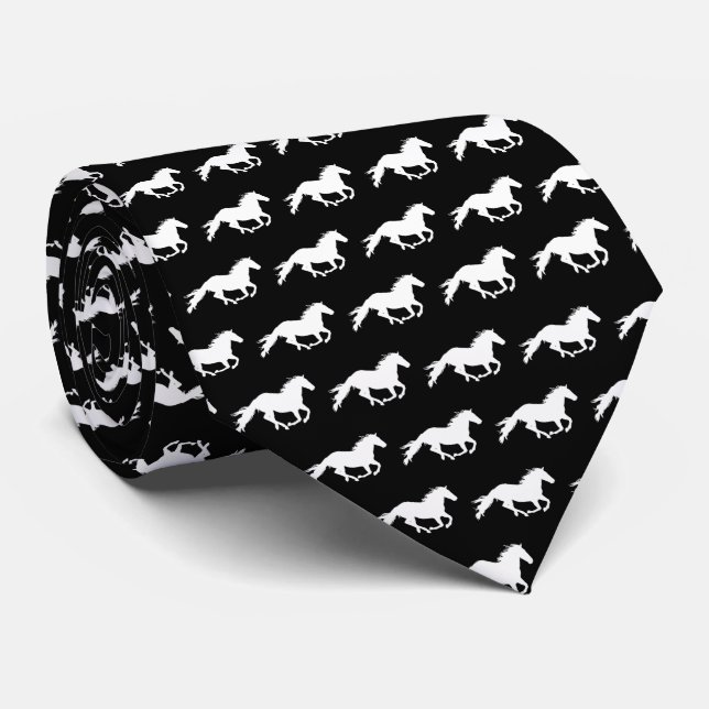 White Galloping Horse | Black Neck Tie (Rolled)