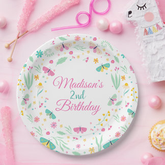 White Garden Butterfly 2nd Birthday for Girls Paper Plates