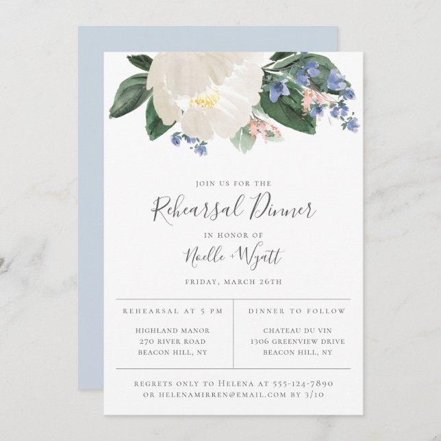 White Garden Floral Light Blue Rehearsal Dinner Announcement (Front/Back)