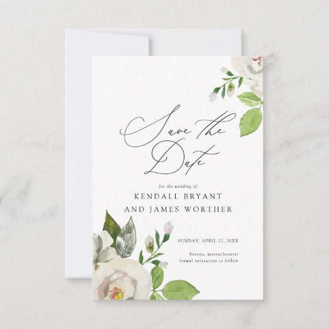 White Garden Floral Save The Date (Front)