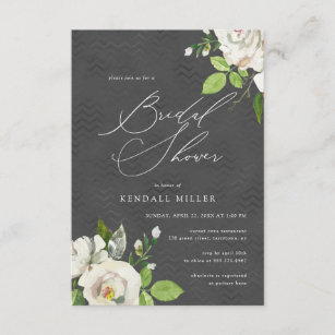 White Garden Floral Watercolor Black Bridal Shower Invitation