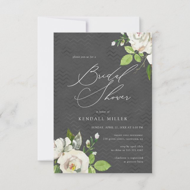 White Garden Floral Watercolor Black Bridal Shower Invitation (Front)