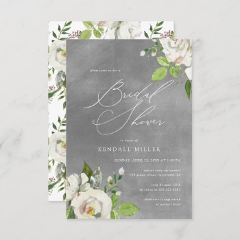 White Garden Floral Watercolor Grey Bridal Shower Invitation by NBpaperco at Zazzle