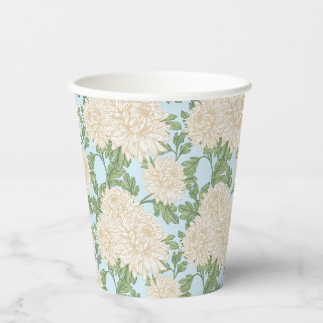 White Garden Mum Flower Pattern Paper Cups (Front)