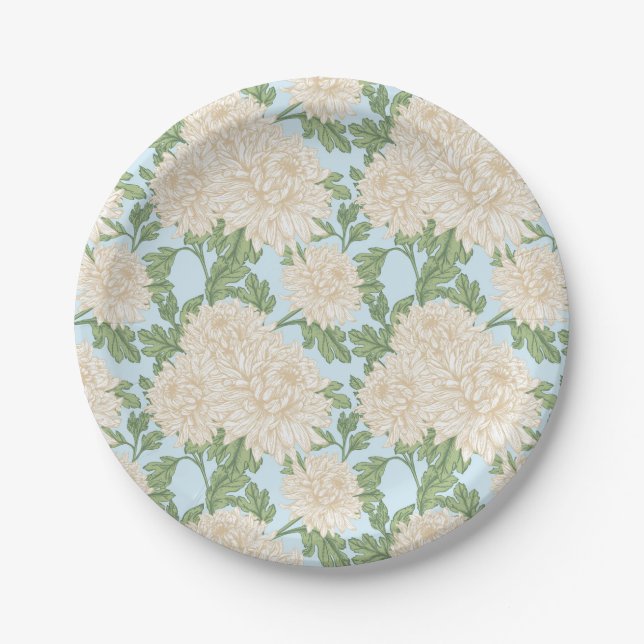 White Garden Mum Flower Pattern Paper Plates (Front)