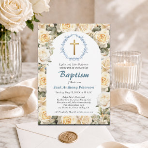 White Garden Roses Gold Cross Baptism  Invitation