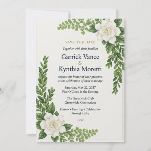 White Gardenia, Boxwood & Fern Botanical Elegant  Invitation