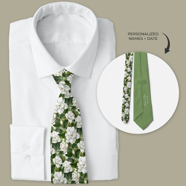 White Gardenia Floral Personalized Neck Tie (White gardenia wedding floral necktie.)
