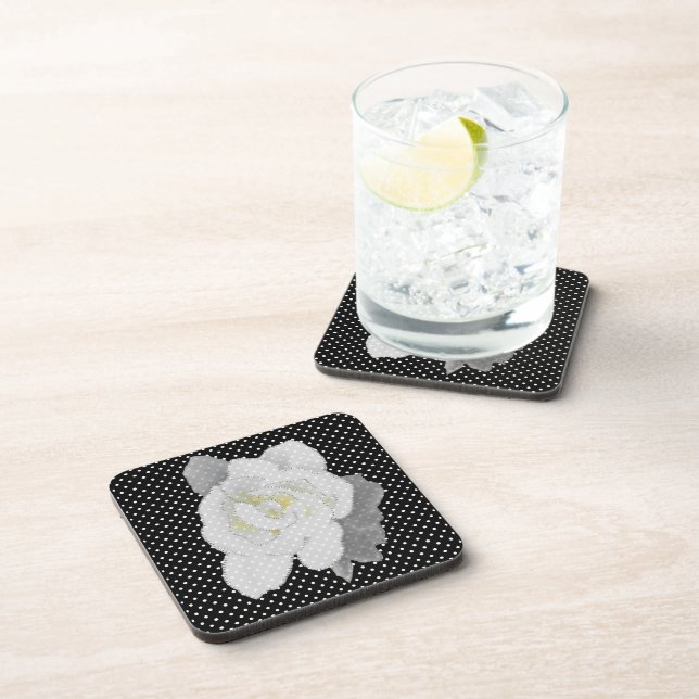 White Gardenia Flower Black White Polka Dot Beverage Coaster (Right Side)