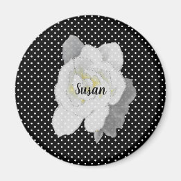 White Gardenia Flower on Black White Polka Dots Magnet