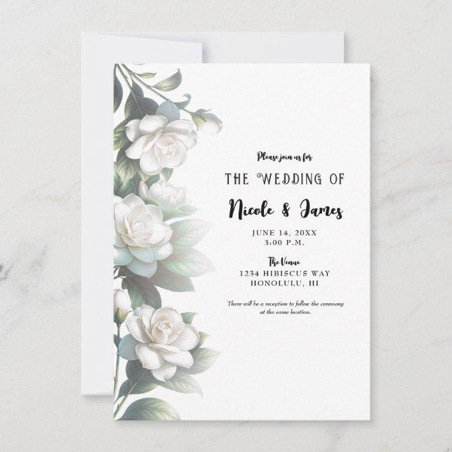 White Gardenia Flowers Elegant Floral Wedding Invitation (Front)