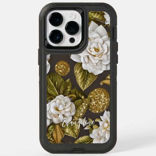 White Gardenia Flowers Gold and Silver Glitters OtterBox iPhone 14 Pro Max Case