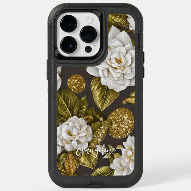 White Gardenia Flowers Gold and Silver Glitters Otterbox iPhone Case (Back)