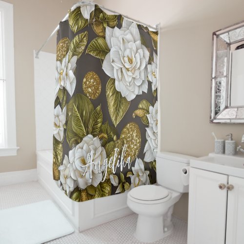 White Gardenia Flowers Gold and Silver Glitters Shower Curtain