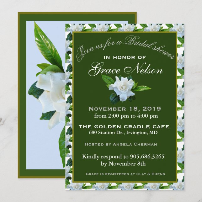 White Gardenia Green Foliage Bridal Shower Invitation (Front/Back)
