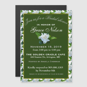 White Gardenia Green Foliage Bridal Shower Magnetic Invitation