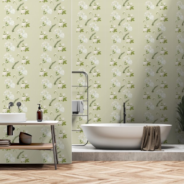 White Gardenia Rose Pastel Gray Background Pattern Wallpaper (Bathroom)