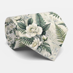White Gardenia Sage Fern Woodland Floral Neck Tie
