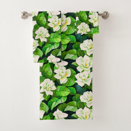White Gardenias and Jade Green Leaves Bath Towel Set