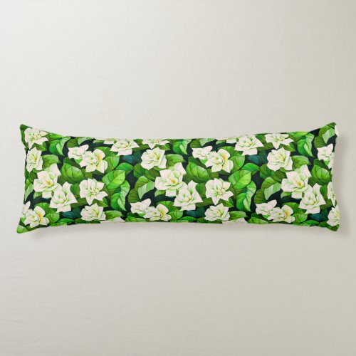 White Gardenias and Jade Green Leaves Body Pillow