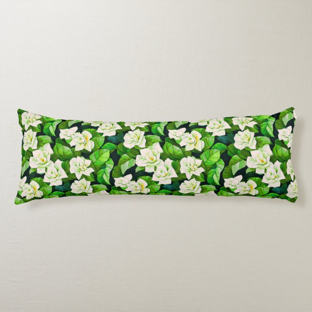 White Gardenias and Jade Green Leaves Body Pillow (Front)