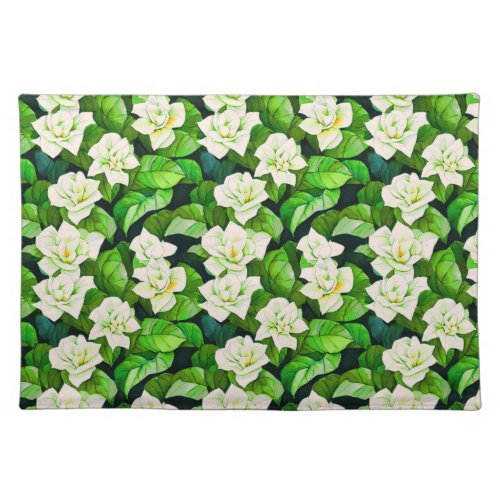 White Gardenias and Jade Green Leaves Cloth Placemat