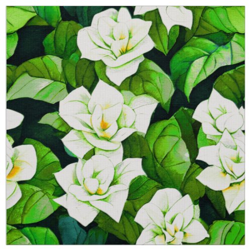 White Gardenias and Jade Green Leaves Fabric