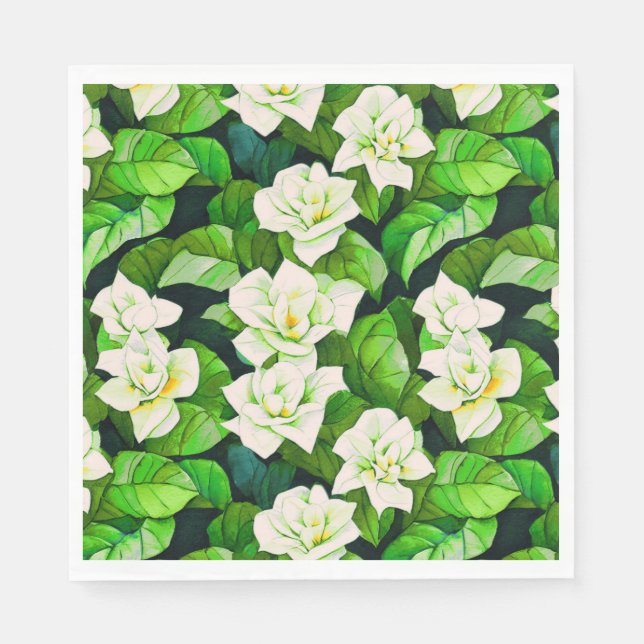 White Gardenias and Jade Green Leaves Napkins (Front)