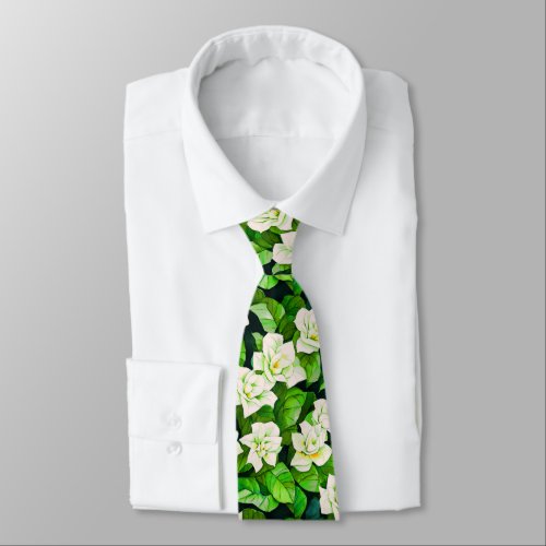 White Gardenias and Jade Green Leaves  Neck Tie