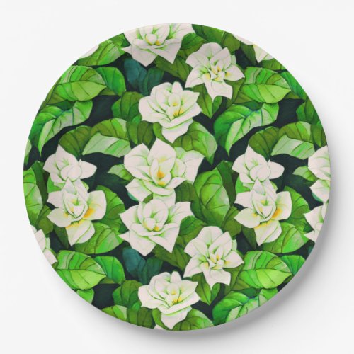 White Gardenias and Jade Green Leaves Paper Plates