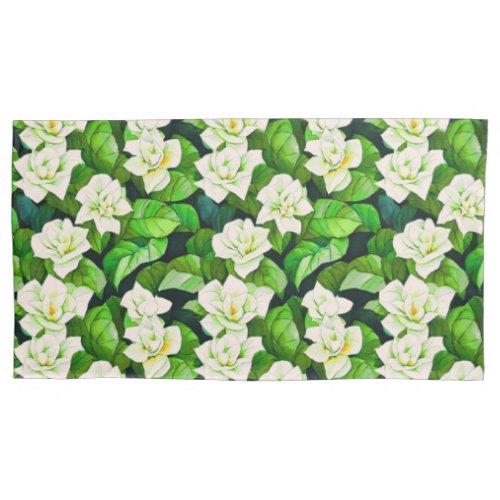 White Gardenias and Jade Green Leaves Pillow Case