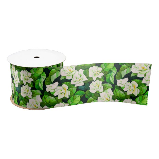 White Gardenias and Jade Green Leaves Satin Ribbon (Spool)
